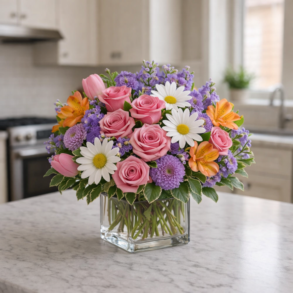 Cheerful Garden Blooms in Modern Vase