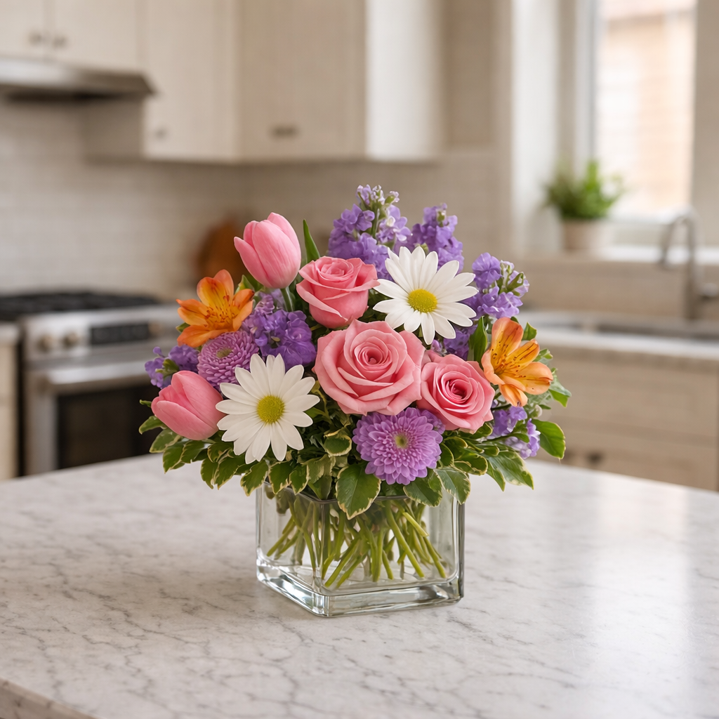 Cheerful Garden Blooms in Modern Vase