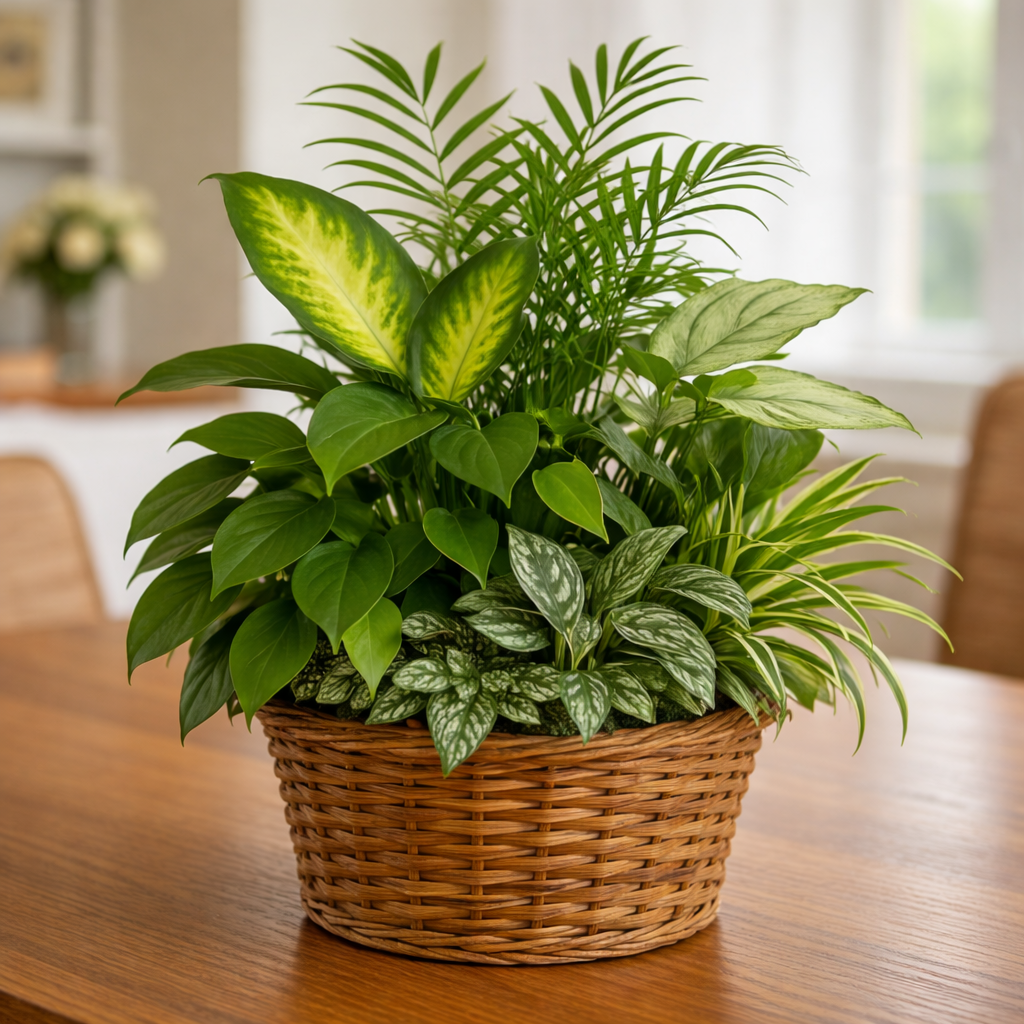 Lush Plant Display in Wicker Basket