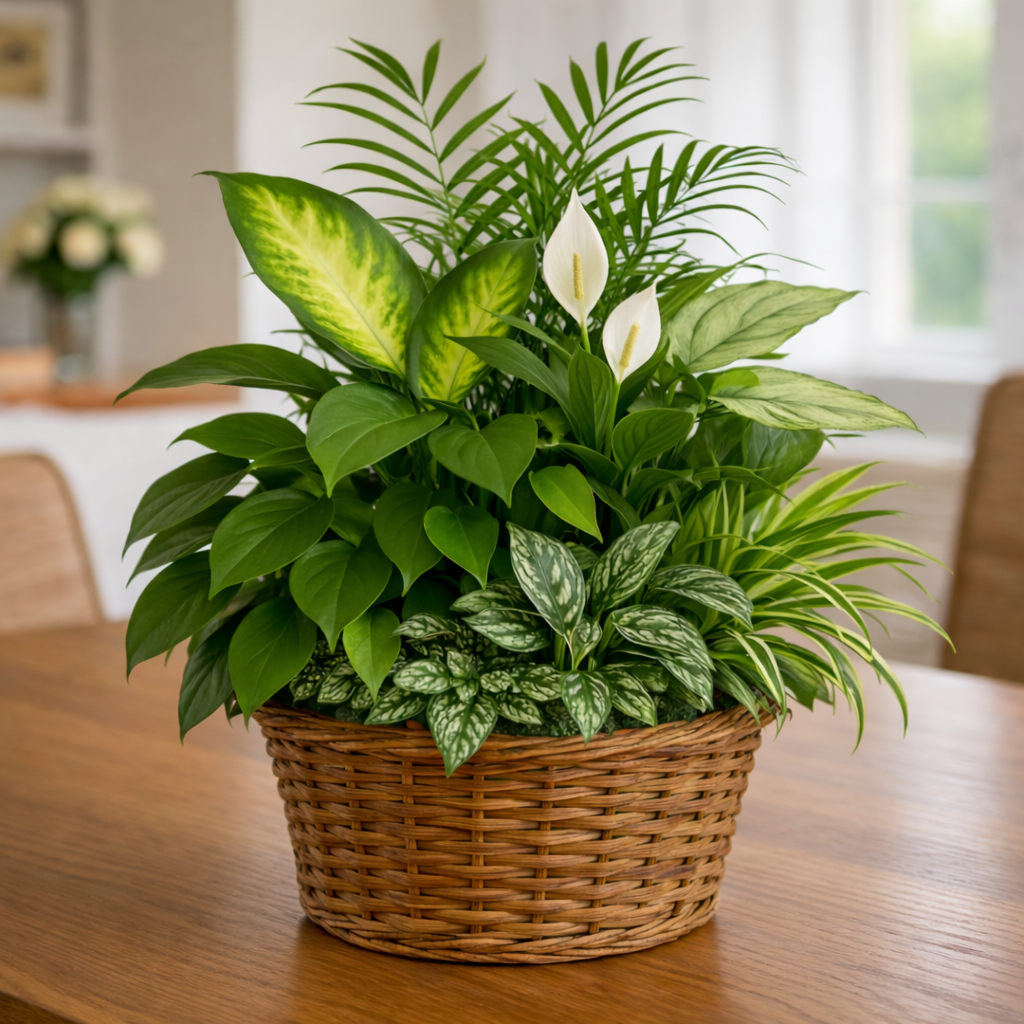 Lush Plant Display in Wicker Basket